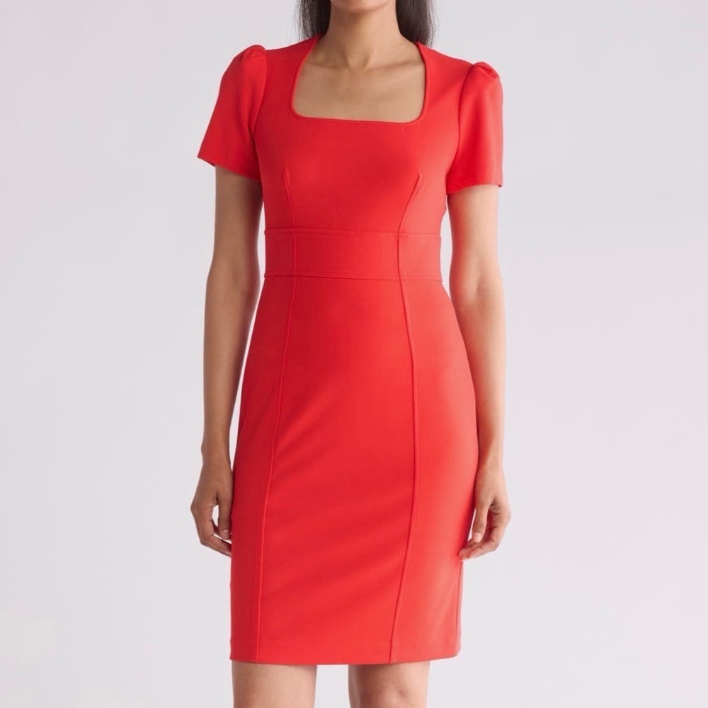 NWT Calvin Klein Red Sheath Dress with Square Neck Sz 6 | Business Office Wear